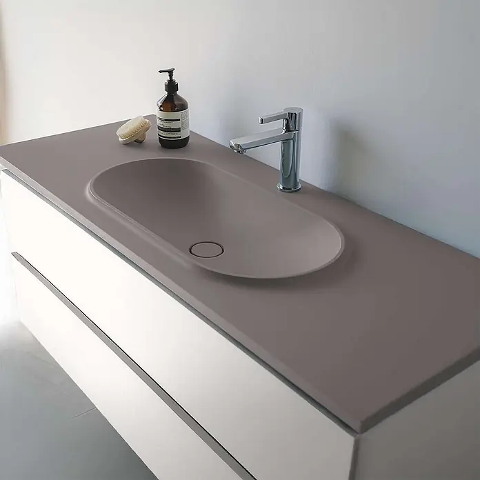 Poalgi Waschtisch BUL - 46 x 100 cm, Mit antibakterieller Glasur, Hahnloch: Mitte, Ohne Überlauf, Grau Concret