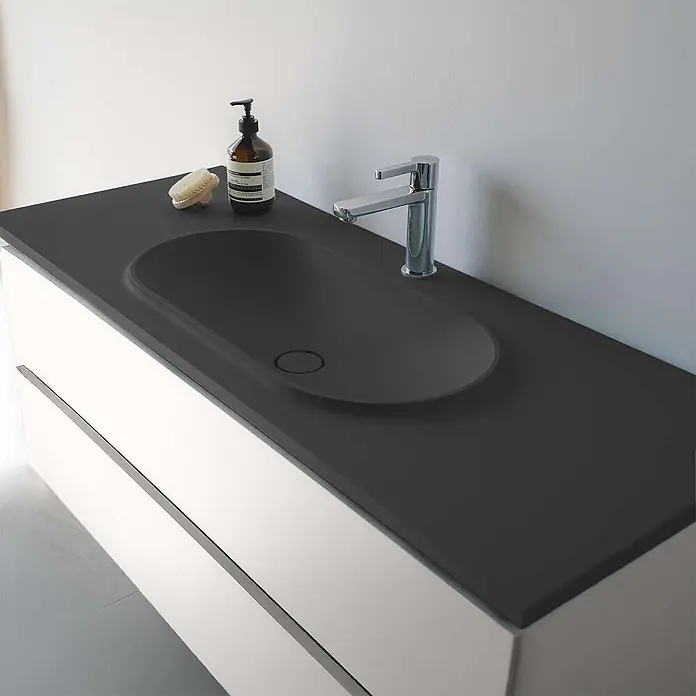 Poalgi Waschtisch BUL - 46 x 80 cm, Mit antibakterieller Glasur, Hahnloch: Mitte, Ohne Überlauf, Schwarz Anthrazit
