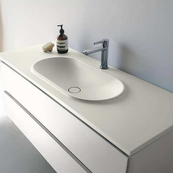 Poalgi Waschtisch BUL - 46 x 120 cm, Mit antibakterieller Glasur, Hahnloch: Mitte, Ohne Überlauf, Weiß Elfenbein