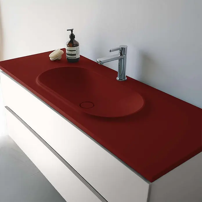 Poalgi Waschtisch BUL - 46 x 120 cm, Mit antibakterieller Glasur, Hahnloch: Mitte, Ohne Überlauf, Rot Tassili