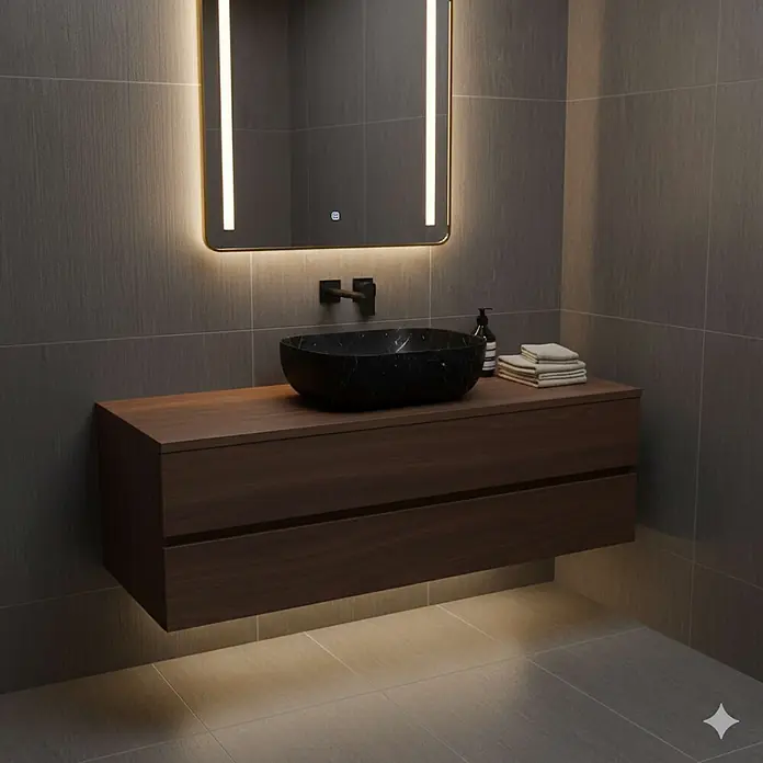 Poalgi Aufsatzwaschbecken MINI OVALO - 46,5 x 33,5 cm, Mit schmutzabweisender Glasur, Hahnloch: Ohne, Ohne Überlauf, Schwarz - Dunkler Holz-Waschtisch mit schwarzer Marmor-Aufsatzschale und schwarzer Armatur in einem modernen Bad.