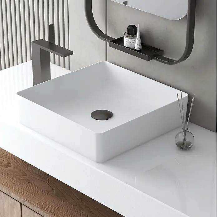 Poalgi Aufsatzwaschbecken IBI - 37,5 x 37,5 cm, Mit schmutzabweisender Glasur, Hahnloch: Ohne, Ohne Überlauf, Weiß