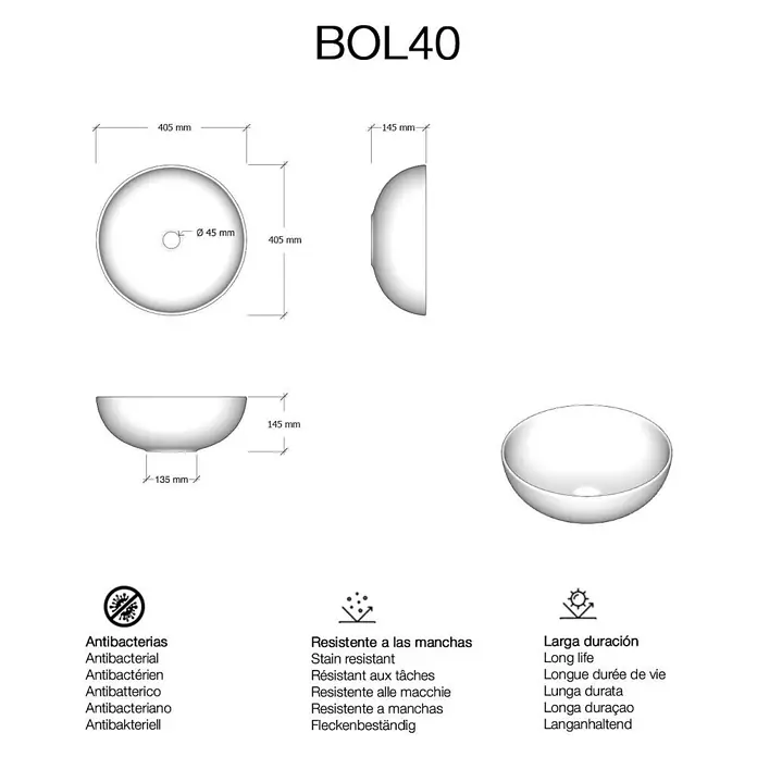 Poalgi Aufsatzwaschbecken BOL40 - 40,5 x 40,5 cm, Mit schmutzabweisender Glasur, Hahnloch: Ohne, Ohne Überlauf, Weiß