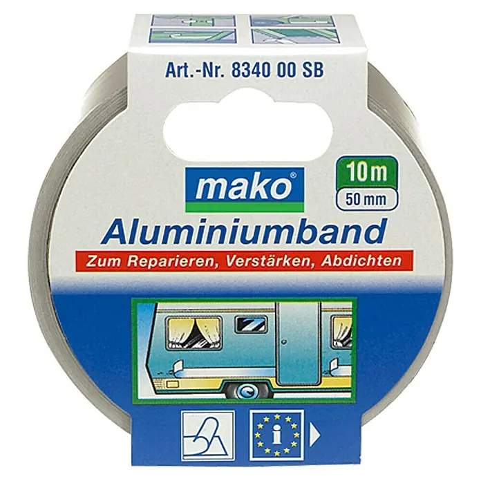 Aluminiumband - Silber, 10 m x 50 mm - Abbildung einer Rolle Mako Aluminiumband, 10m lang und 50mm breit, zur Reparatur, Verstärkung und Abdichtung, ideal für Heimwerkerarbeiten.