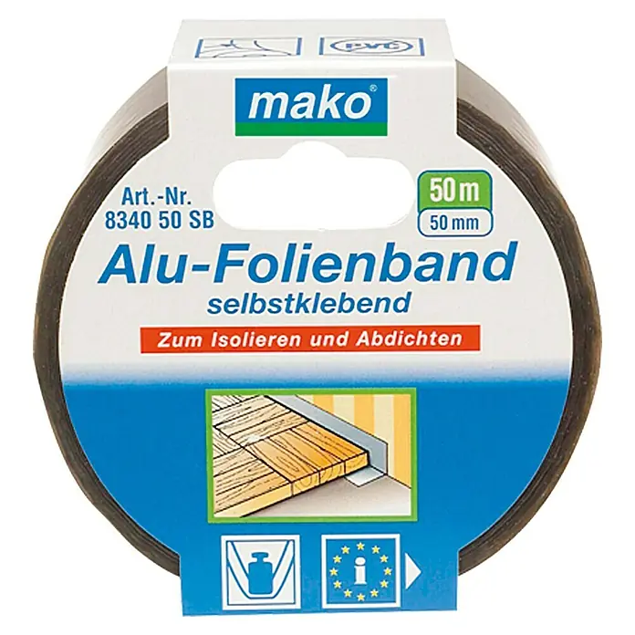 Alu-Folienband - Silber, 50 m x 50 mm - Bild einer Rolle Mako Alu-Folienband, selbstklebend, zur Isolierung und Abdichtung, mit den Maßen 50 mm x 50 m.
