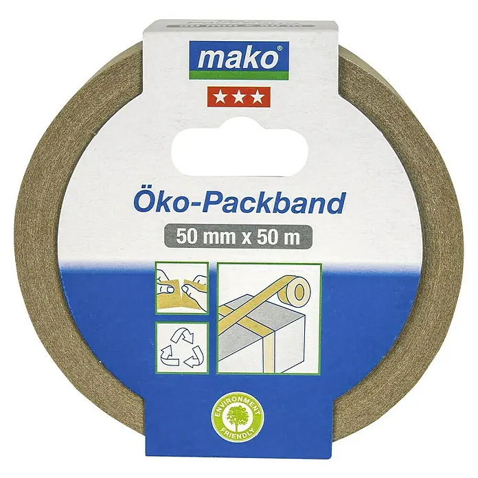 Öko-Packband - Braun, 50 m x 50 mm - Das Bild zeigt eine Rolle Öko-Packband der Marke Mako mit einer Breite von 50 mm und einer Länge von 50 m.