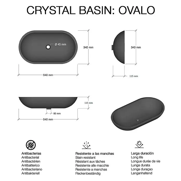 Poalgi Aufsatzwaschbecken OVALO CRISTAL - 54 x 34 cm, Mit schmutzabweisender Glasur, Hahnloch: Ohne, Ohne Überlauf, Schwarz