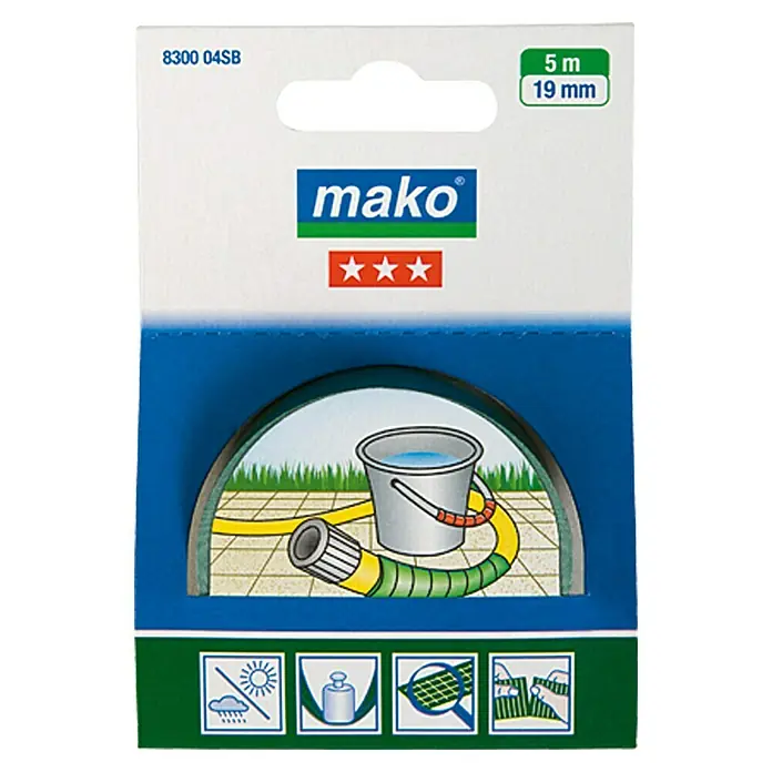 Mako Super-Kraftband - Grün, 5 m x 19 mm - Verpackung einer MAKO Gartenschlauchleitung mit Abbildung eines Eimers, eines Wasserhahns und eines Gartenschlauches.
