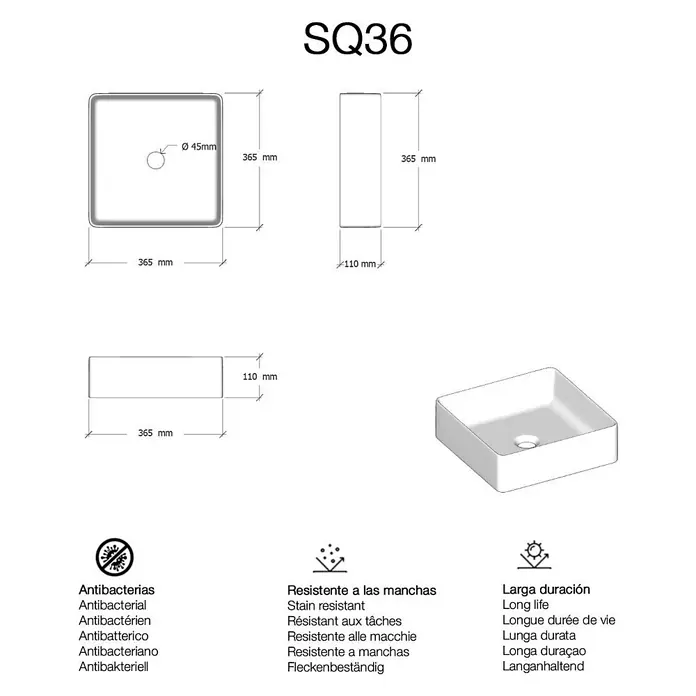 Poalgi Aufsatzwaschbecken SQ36 - 36,5 x 36,5 cm, Mit schmutzabweisender Glasur, Hahnloch: Ohne, Ohne Überlauf, Weiß