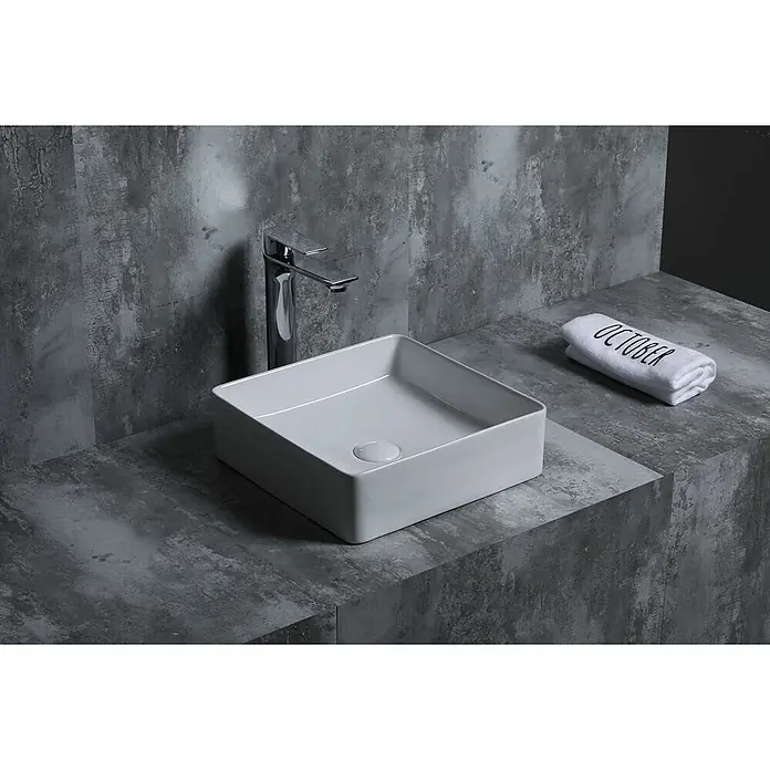 Poalgi Aufsatzwaschbecken SQ36 - 36,5 x 36,5 cm, Mit schmutzabweisender Glasur, Hahnloch: Ohne, Ohne Überlauf, Weiß