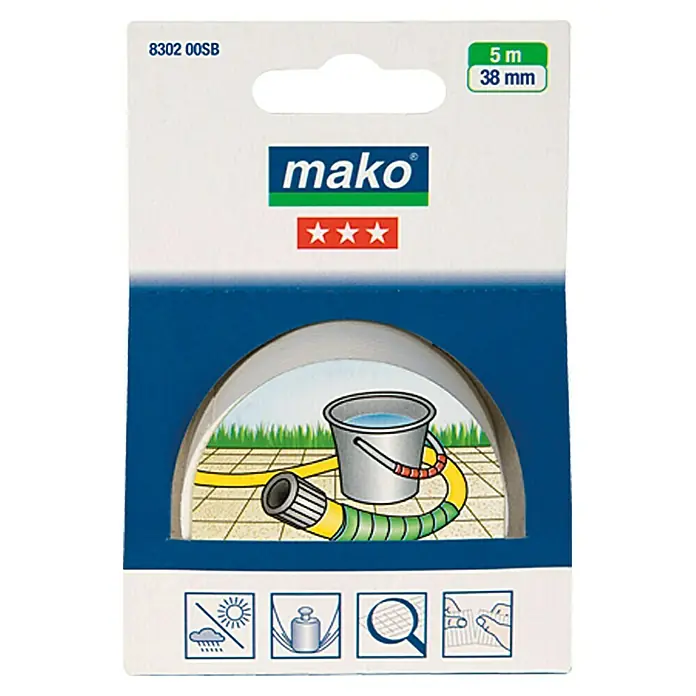 Mako Super-Kraftband - Weiß, 5 m x 38 mm - Eine Rolle Mako-Schlauchband, 5 m x 38 mm, zur Reparatur von Schläuchen, abgebildet in einer Verpackung mit einem Gartenszenenmotiv.