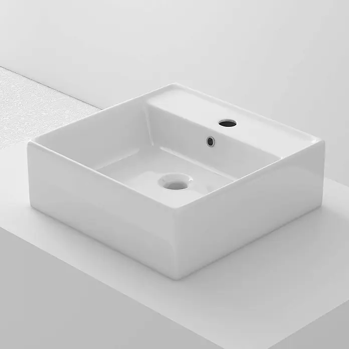 Poalgi Aufsatzwaschbecken K40 - 41,5 x 41,5 cm, Mit schmutzabweisender Glasur, Hahnloch: Mitte, Mit Überlauf, Weiß