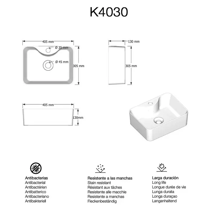 Poalgi Aufsatzwaschbecken K4030 - 40,5 x 30,5 cm, Mit schmutzabweisender Glasur, Hahnloch: Mitte, Ohne Überlauf, Weiß