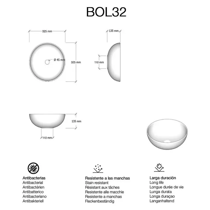 Poalgi Aufsatzwaschbecken BOL32 - 32,5 x 32,5 cm, Mit schmutzabweisender Glasur, Hahnloch: Ohne, Ohne Überlauf, Weiß