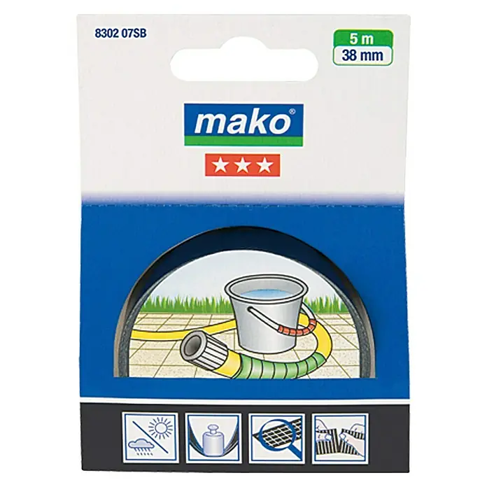 Mako Super-Kraftband - Schwarz, 5 m x 38 mm - MAKO Gartenschlauch, 5 Meter lang, 38 mm Durchmesser, verpackt mit Abbildung einer Szene mit Eimer und Schlauch.