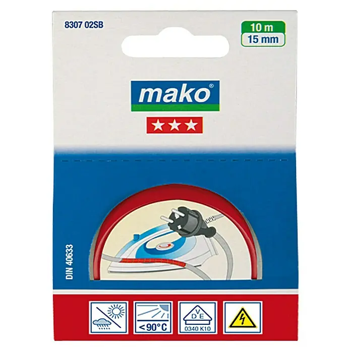 Mako Isolierband - Rot, 10 m x 15 mm - Produktverpackung für ein 10 m langes, 15 mm breites Textilkabel von Mako, geeignet bis 90°C, geprüft nach DIN 40633 und VDE 0340 K10.