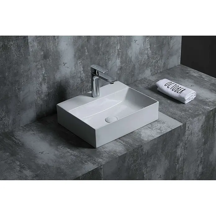 Poalgi Aufsatzwaschbecken K45 - 45,5 x 35,5 cm, Mit schmutzabweisender Glasur, Hahnloch: Mitte, Ohne Überlauf, Weiß
