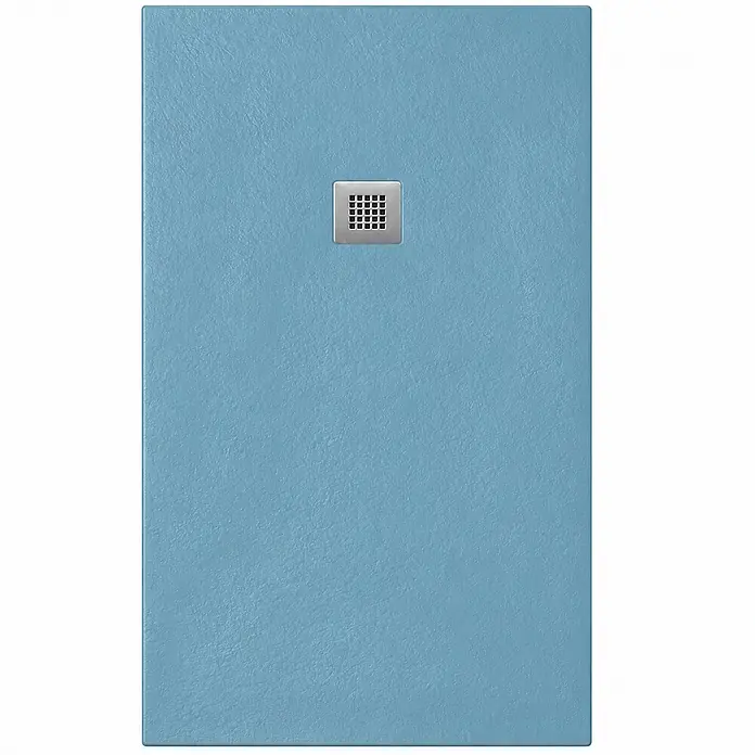FRASCIO New Tecnology Duschwanne Vulcano Line Slim - L x B: 165 x 65 cm, Verbundwerkstoff, Pastellblau RAL 5024 - Rechteckige blaue Duschwanne mit texturierter Oberfläche und quadratischem Metallablauf.