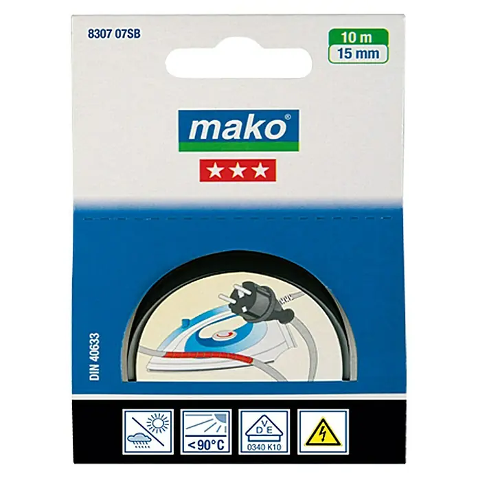 Mako Isolierband - Schwarz, 10 m x 15 mm - Produktverpackung für ein Mako-Verlängerungskabel mit den Maßen 10 m x 15 mm, ideal für Bügeleisen und andere Geräte bis 90°C.