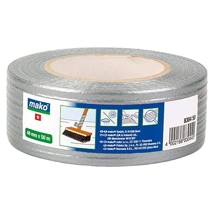 Reparaturband - 50 m x 48 mm, Silber - Eine Rolle Mako-Gewebeband, 48 mm x 50 m, ideal für Reparaturen und allgemeine Anwendungen.