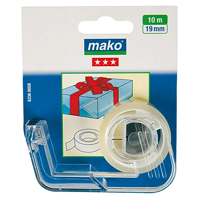 Mako Klebefilm mit Abroller - Glasklar, 1.000 x 1,9 cm - Ein Paket Mako Klebeband mit Abroller. Das transparente Klebeband ist 10 m lang und 19 mm breit, ideal zum Verpacken von Geschenken.