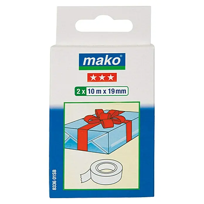 Mako Klebefilm - 2 Stk., 1.000 x 1,9 cm, Glasklar - Bild einer Packung Mako-Klebeband, ideal zum Verpacken von Geschenken und für verschiedene Bastelarbeiten.