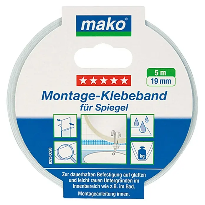 Montageklebeband für SpiegelWeiß, 5 m x 19 mm - Mako Montage-Klebeband für Spiegel, 5 m x 19 mm, zur dauerhaften Befestigung im Innenbereich.