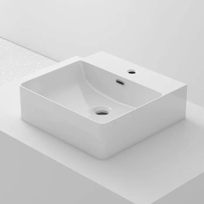Poalgi Aufsatzwaschbecken F-K40 - 41 x 41 cm, Mit schmutzabweisender Glasur, Hahnloch: Mitte, Mit Überlauf, Weiß
