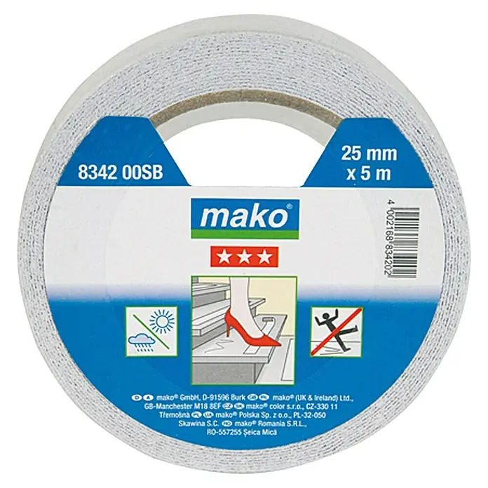 Mako Antirutschband - Weiß, 5 m x 25 mm - Bild einer Rolle doppelseitigen Teppichklebebands der Marke Mako, 25 mm breit und 5 m lang, mit Produktinformationen auf dem Etikett.