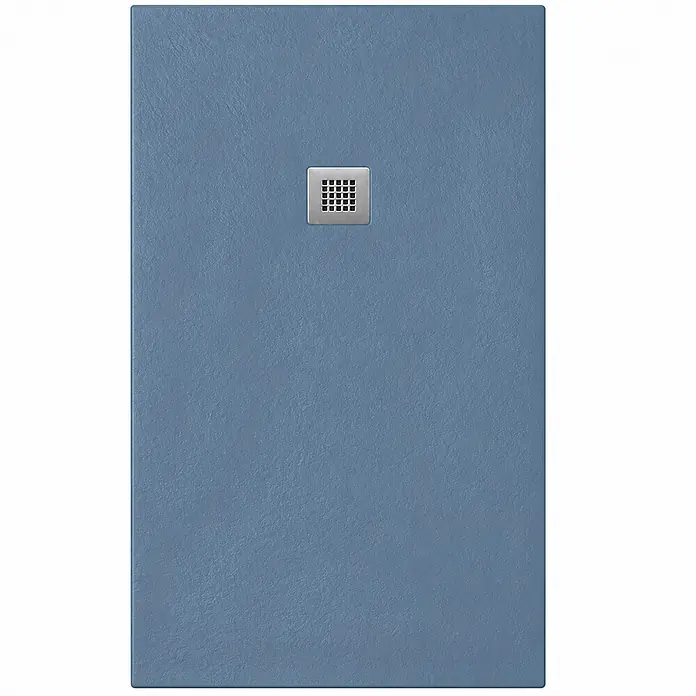 FRASCIO New Tecnology Duschwanne Vulcano Line Slim - L x B: 175 x 100 cm, Verbundwerkstoff, Taubenblau RAL 5014 - Texturierte blaue Duschwanne mit quadratischem Metallablauf in der Mitte.