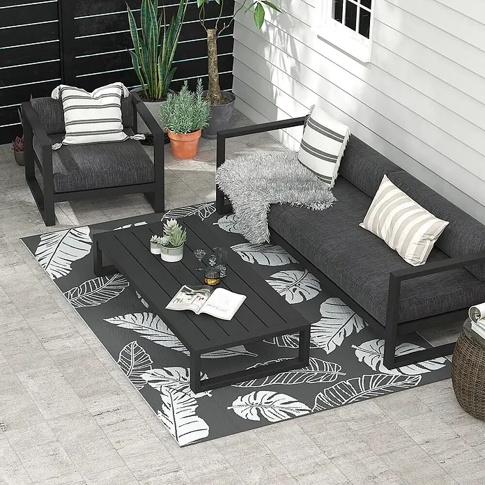 Outsunny Outdoor-Teppich Wendeteppich mit Blattmuster - Grau, Kunststoff