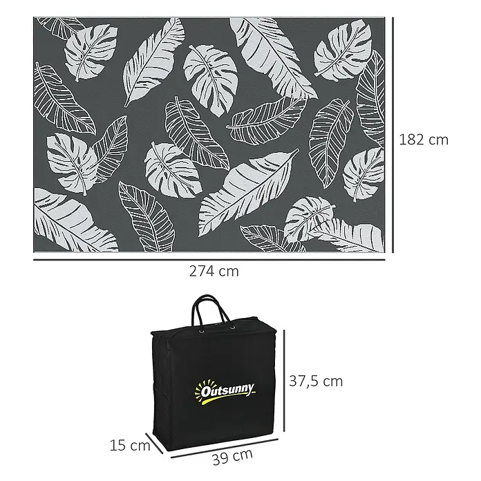 Outsunny Outdoor-Teppich Wendeteppich mit Blattmuster - Grau, Kunststoff