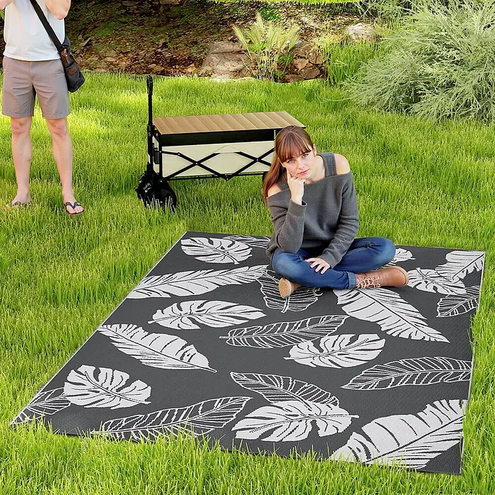 Outsunny Outdoor-Teppich Wendeteppich mit Blattmuster - Grau, Kunststoff
