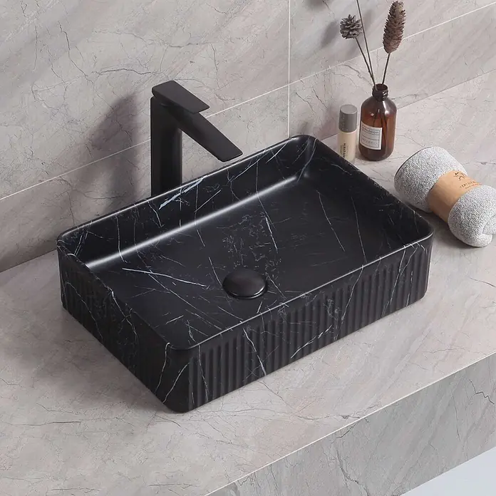 Poalgi Aufsatzwaschbecken CORINTO RT5034 - 50 x 34 cm, Mit schmutzabweisender Glasur, Hahnloch: Ohne, Ohne Überlauf, Schwarz