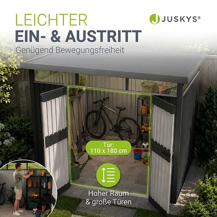 Juskys Gerätehaus - Außenbreite inkl. Dachüberstand: 287 cm, Außentiefe inkl. Dachüberstand: 249 cm, Metall, Anthrazit