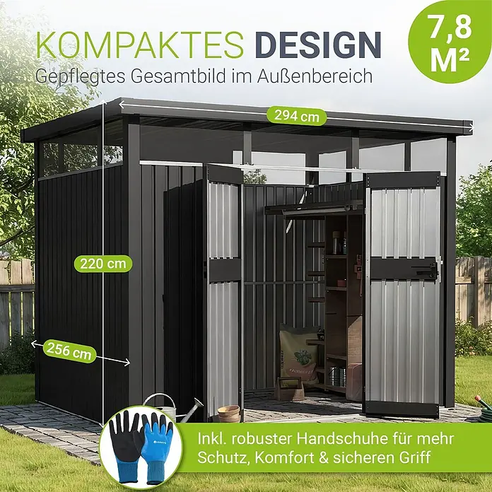 Juskys Gerätehaus - Außenbreite inkl. Dachüberstand: 287 cm, Außentiefe inkl. Dachüberstand: 249 cm, Metall, Anthrazit