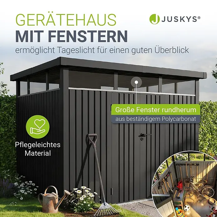 Juskys Gerätehaus - Außenbreite inkl. Dachüberstand: 287 cm, Außentiefe inkl. Dachüberstand: 249 cm, Metall, Anthrazit