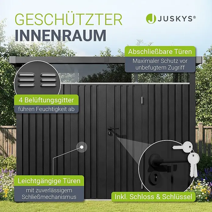 Juskys Gerätehaus - Außenbreite inkl. Dachüberstand: 287 cm, Außentiefe inkl. Dachüberstand: 249 cm, Metall, Anthrazit