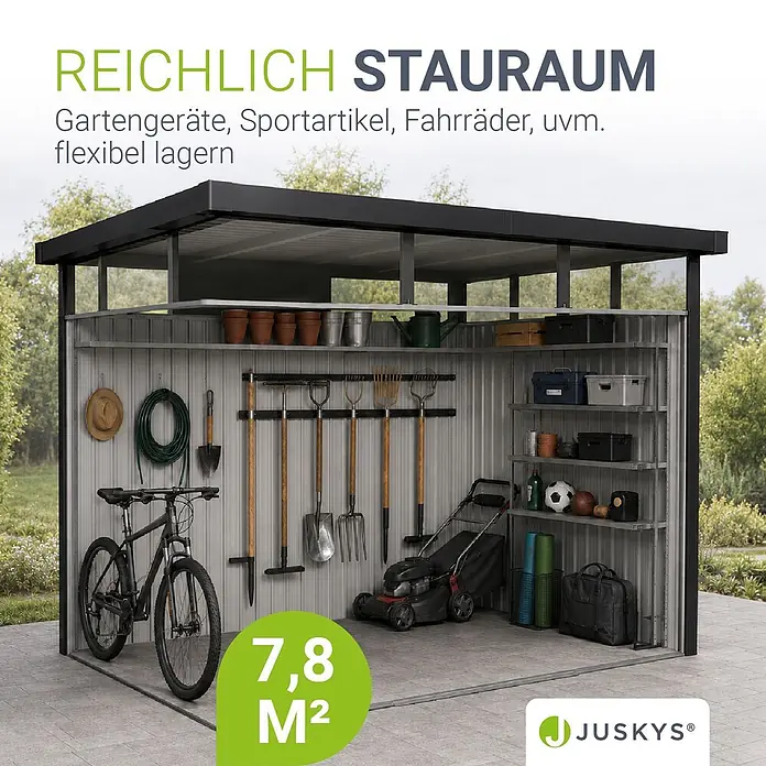 Juskys Gerätehaus - Außenbreite inkl. Dachüberstand: 287 cm, Außentiefe inkl. Dachüberstand: 249 cm, Metall, Anthrazit