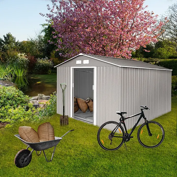 HATTORO Gerätehaus - Außenbreite inkl. Dachüberstand: 277 cm, Außentiefe inkl. Dachüberstand: 319 cm, Stahl, Grau