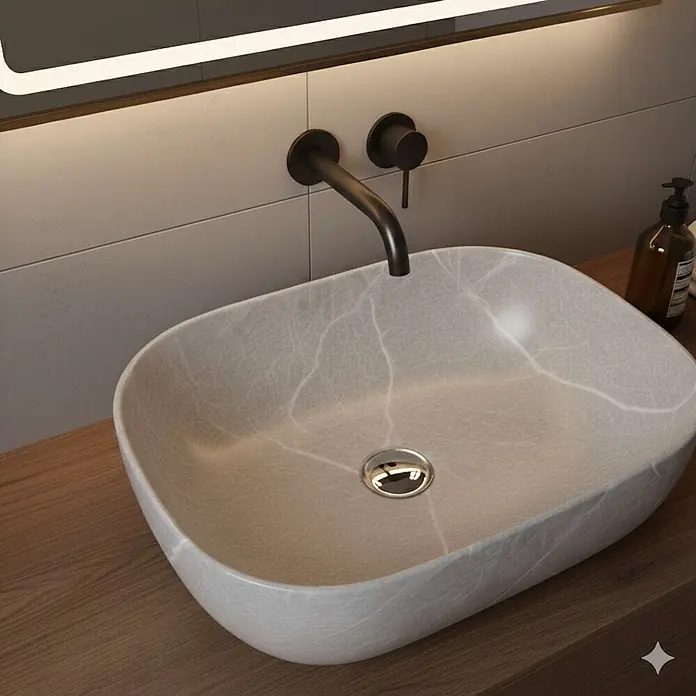 Poalgi Aufsatzwaschbecken MINI OVALO - 46,5 x 33,5 cm, Mit schmutzabweisender Glasur, Hahnloch: Ohne, Ohne Überlauf, Grau - Helles Steinguss-Aufsatzwaschbecken mit natürlicher Äderung auf Holzwaschtisch. Matter schwarzer Wandhahn.