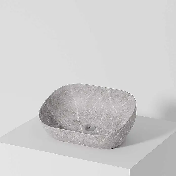 Poalgi Aufsatzwaschbecken MINI OVALO - 46,5 x 33,5 cm, Mit schmutzabweisender Glasur, Hahnloch: Ohne, Ohne Überlauf, Grau - Graues, marmoriertes rechteckiges Aufsatzwaschbecken mit abgerundeten Kanten und Abfluss.