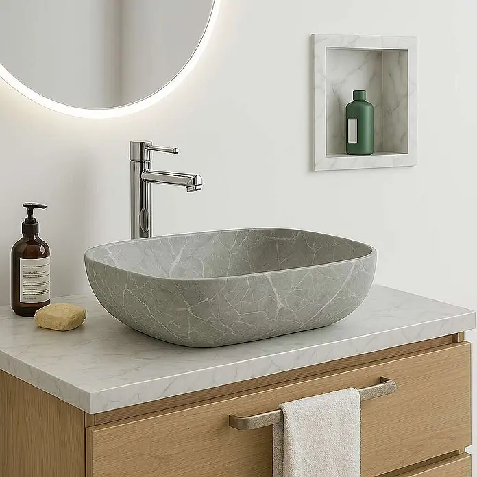 Poalgi Aufsatzwaschbecken MINI OVALO - 46,5 x 33,5 cm, Mit schmutzabweisender Glasur, Hahnloch: Ohne, Ohne Überlauf, Grau - Graues Marmor-Effekt Rechteck-Aufsatzwaschbecken mit abgerundeten Ecken auf einem Waschtisch.