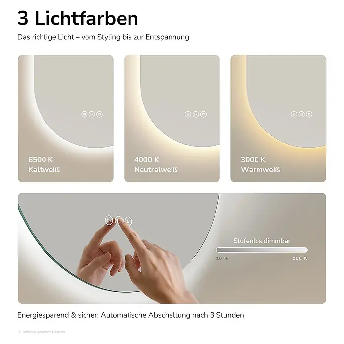 Lichtspiegel LM37 -  - Spiegel mit einstellbarer LED-Beleuchtung in drei Farbtemperaturen und stufenloser Dimmfunktion, bedienbar über Touch-Sensoren.