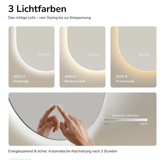 Emke Lichtspiegel LM37 -  - Runder Spiegel mit einstellbarer LED-Beleuchtung: 3 Lichtfarben (kalt-, neutral-, warmweiß), stufenlos dimmbar & Touch-Bedienung.