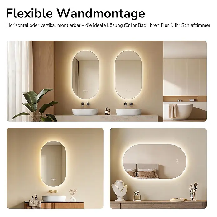 Emke Lichtspiegel LM37 -  - Ovaler LED-Spiegel mit beleuchtetem Rand, vertikal im Bad und horizontal im Schlafzimmer montiert, flexible Installation.