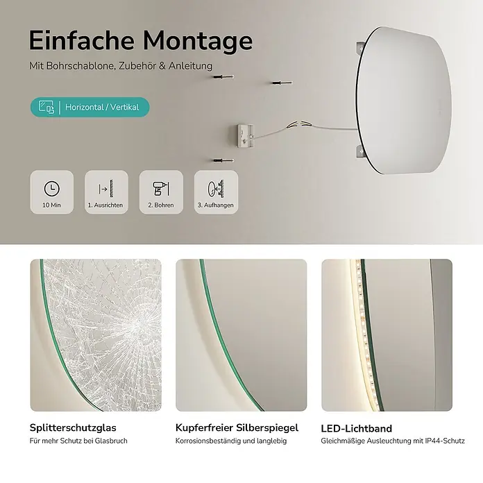 Emke Lichtspiegel LM37 -  - LED-Spiegel mit einfacher Montage, bruchsicherem Glas, kupferfreier Beschichtung und integriertem LED-Lichtband.