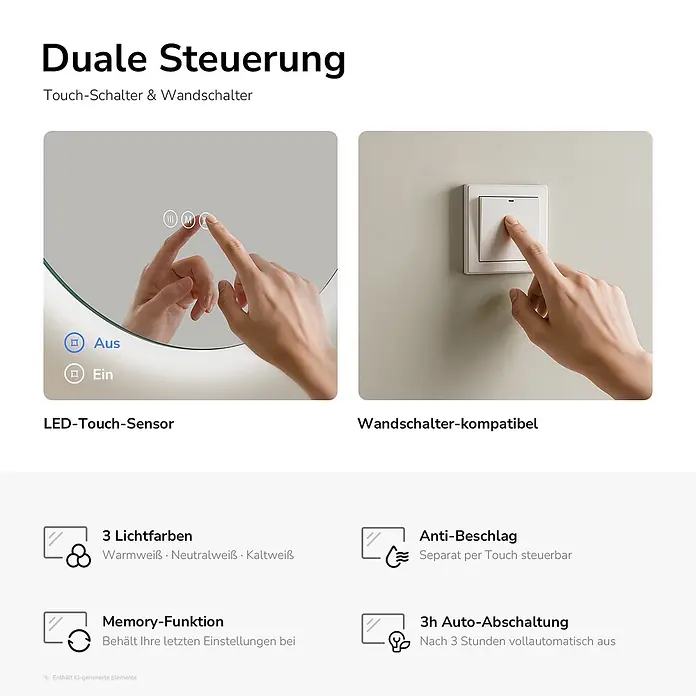 Emke Lichtspiegel LM37 -  - Spiegel mit Touch-Steuerung & Wandschalter-Kompatibilität, zeigt Funktionen: 3 Lichtfarben, Antibeschlag, Memory, 3h Auto-Aus.