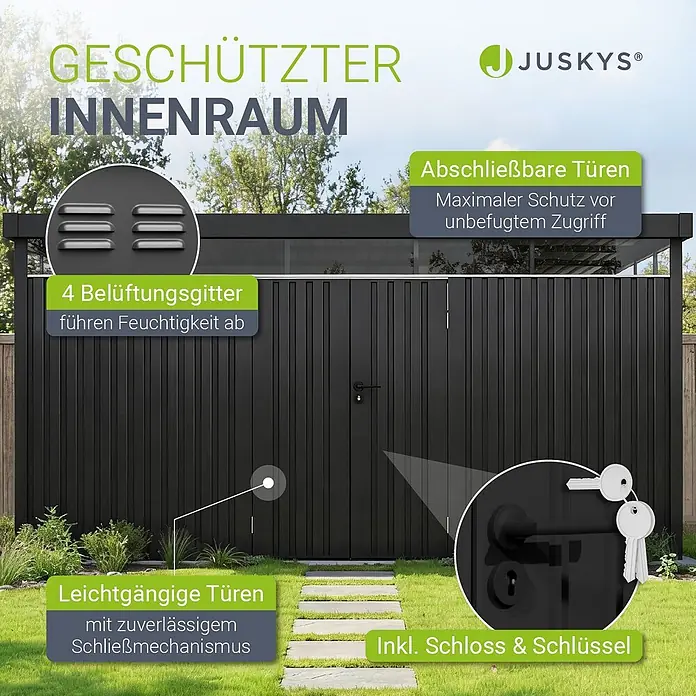 Juskys Gerätehaus - Außenbreite inkl. Dachüberstand: 389 cm, Außentiefe inkl. Dachüberstand: 287 cm, Metall, Anthrazit