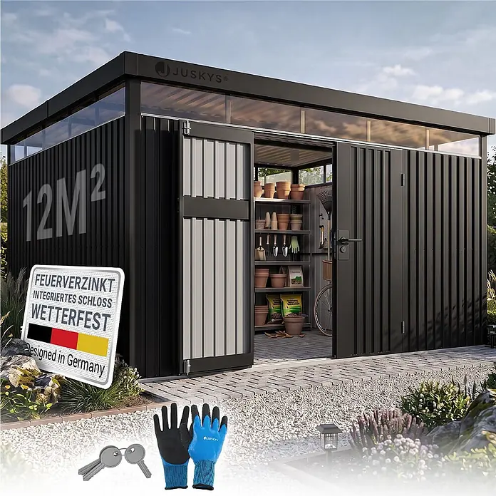 Juskys Gerätehaus - Außenbreite inkl. Dachüberstand: 389 cm, Außentiefe inkl. Dachüberstand: 287 cm, Metall, Anthrazit